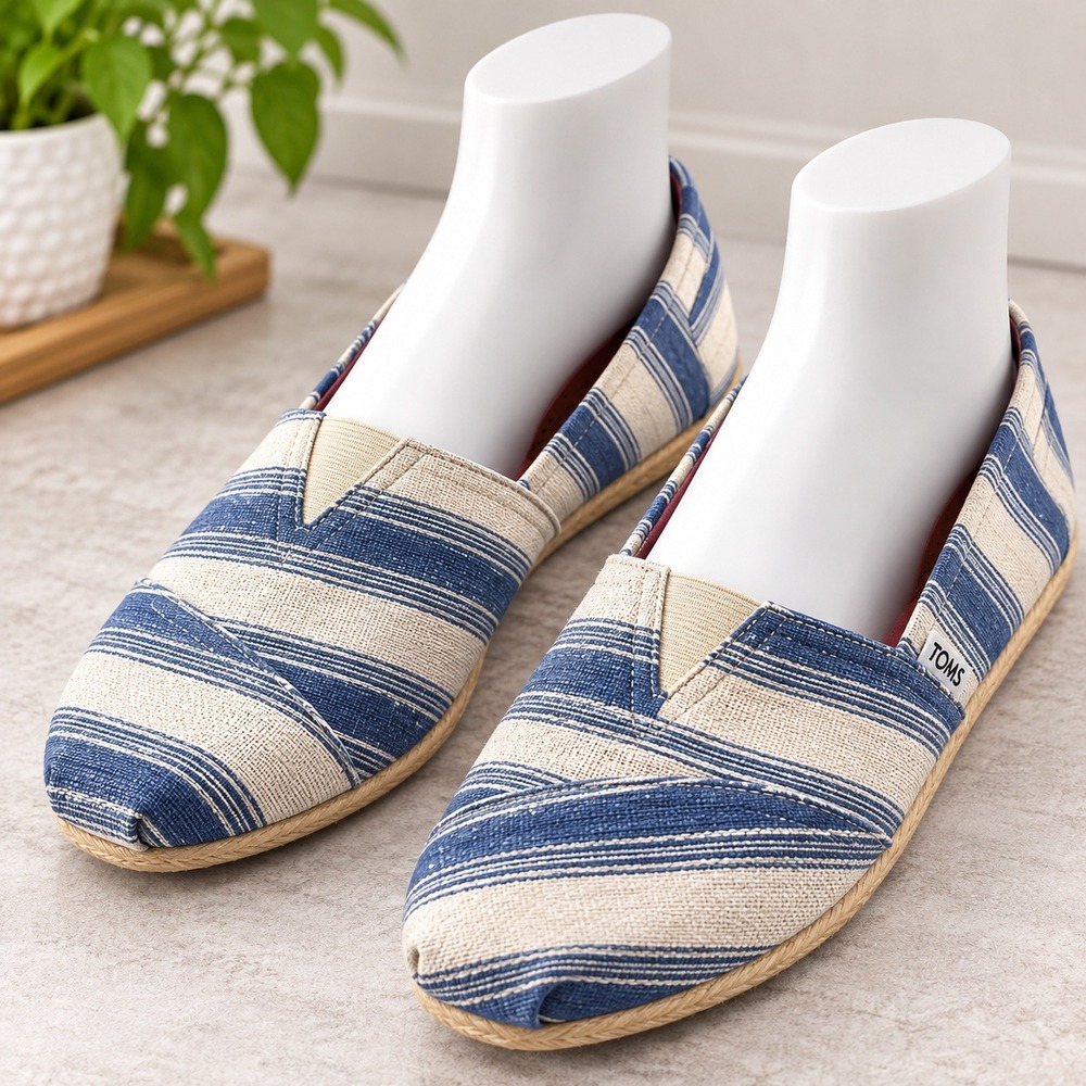 TOMS Alpargata Slip On Shoes Mens 13 Blue White Striped Canvas Loafers